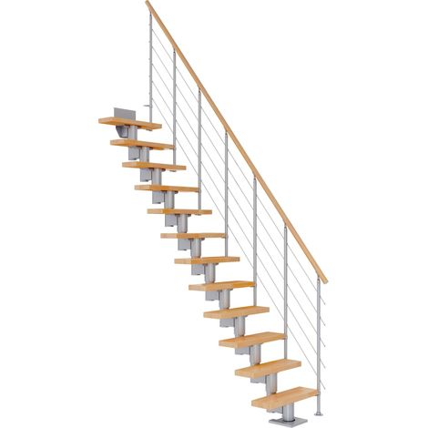 Dolle Mittelholmtreppe Dublin Gerade aus Buche lackiert 71 cm breit für GH 259–315 cm UK Metall Perlgrau mitlaufende Edelstahlstäbe