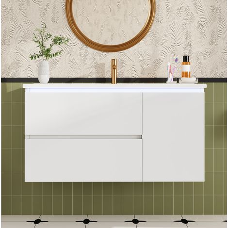 Mueble de baño con lavabo 91,5 x 46,5 x 50,5 cm blanco con LED de sensor radar DESVIAE (1/5)