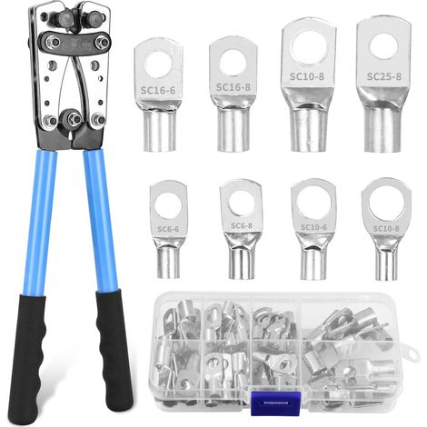 Grande pince à sertir pour câbles de 6/10/16/25/35/50 mm² et 10-1/0 AWG avec 60 embouts à œillets en cuivre, idéal pour les installations solaires automobiles et les applications domestiques, bleu
