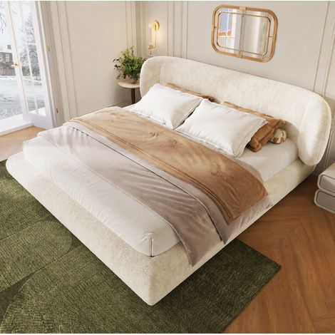 Lit double 180x200 cm beige en chenille avec sommier à lattes - sans matelas - CHICFURN (1/5)