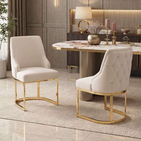 Lot de 6 chaises de salle à manger en velours beige avec pieds en métal doré, style moderne (1/5)