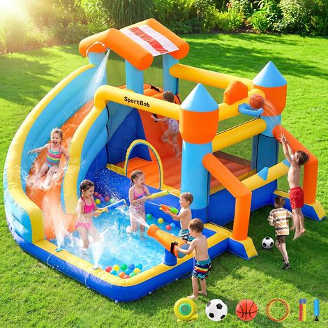 Outdoor Inflatable Castle, Inflatable Structure with Water Slide for Outdoor and Indoor, Inflatable Castle with Football Frame, Water Launcher and Basketball Hoop (1/5)