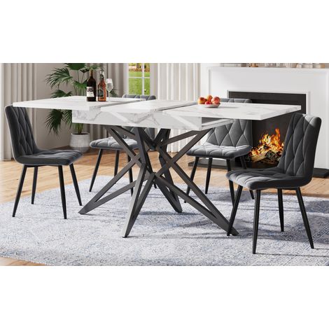 Esszimmergarnitur aus MDF und Metall in Weiß, ausziehbarer Tisch 120/160x80x66,1 cm mit 4 Samtstühlen in Dunkelgrau (1/5)