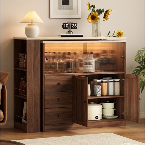 MODFU – Isola cucina allungabile 115-172x40x96 cm in MDF con piano girevole 360°, LED RGB, vani contenitore e carico 60 kg – Naturale (1/5)