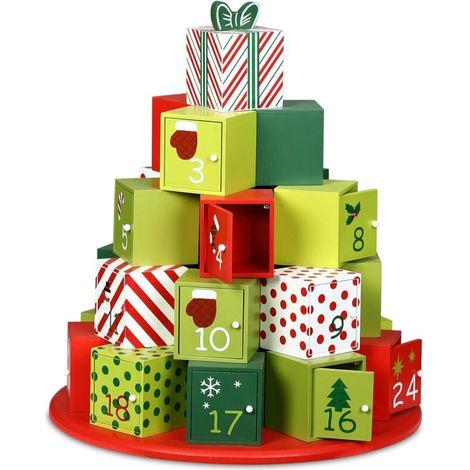 Calendrier de l'Avent rond en bois fait main 24 compartiments avec portes fermeture magnétique Noël décoration réutilisable maison enfant fêtes (1/4)