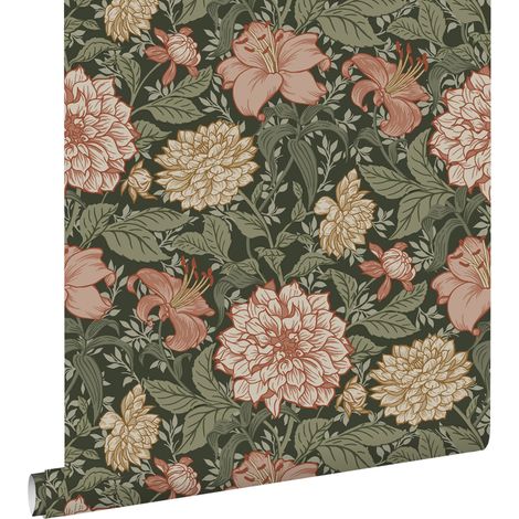 Papier peint à motif fleurs vintage vert grisé et rose terracotta – Dimensions 53cm x 10,05m – Écologique et facile à poser – Estahome (1/5)