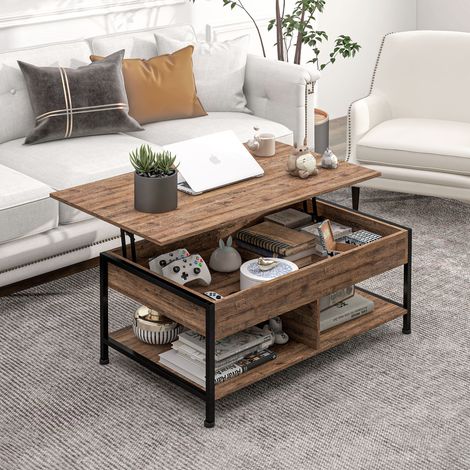 Table basse relevable table de salon compartiment caché 2 étagères inférieures 100 x 80 x 60 cm marron rustique noir (1/5)