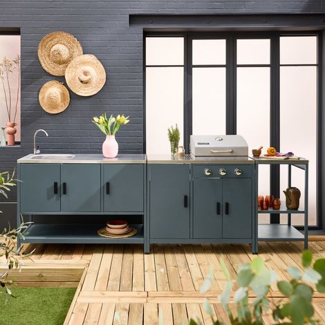 Cuisine extérieure Naxos 3 modules acier inoxydable bleu gris avec barbecue gaz 3 brûleurs (1/5)