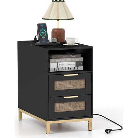 Table de Chevet en Rotin avec Prise, Chevet de Lit Étroite avec Tiroirs, Design Cannage Bohème, Étagère Ouverte, Noir (1/5)