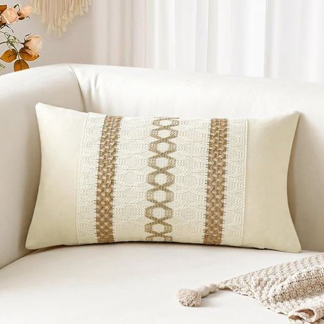 Boho-Lendenkissenbezug 30x50 cm aus Baumwolle und gewebtem Jute-Streifenstoff für Sofa, Dreifachstreifen, 1 Stück