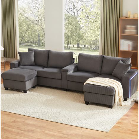 Sofá en U de pana gris 334 x 128,5 x 81 cm con 2 taburetes, LED y USB DESVIAE (1/5)