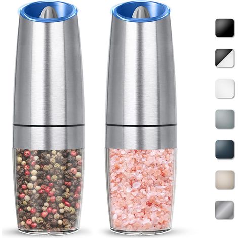 Set di macina sale e pepe elettrico a gravità, set di macina sale e pepe automatico, a batteria, macinatura regolabile, luce LED, confezione da 2 (argento) (1/5)