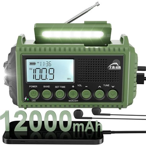 Radio Solaire, FM/AM Portable avec 12000mAh Batterie Rechargeable, Radio d'urgence avec Manivelle, Lampe de Poche, Chargeur de Téléphone, Alarme SOS (1/5)