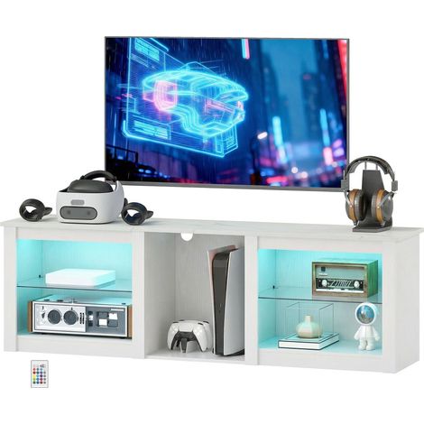 Meuble TV avec éclairage LED pour télévision jusqu'à 70 pouces, 160cm avec étagères en verre réglables, blanc (1/5)
