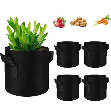 Set of 5 non-woven fabric planting bags with integrated handles, for tomatoes and flowers, black, 5 gallons (1/5)