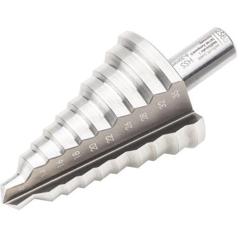 wolfcraft - Fraise Etagée HSS avec Pointe d'amorçage - Diamètre 8-35 mm. Queue de 10 mm. Longueur Utile 52.5 mm - réf. 2585000