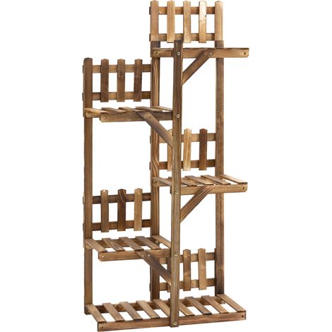 Étagère murale en bois pour plantes, porte-pot décoratif 5 niveaux, barrières miniatures, 60x30x130 cm, sapin carbonisé traité, idéale intérieur, jardin, terrasse, balcon