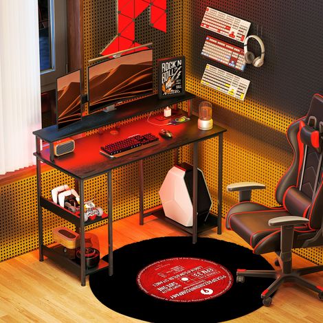 Noir - Bureau informatique avec étagères réversibles, prises électriques et lumières LED, support double écran pour studio, 120x50 cm