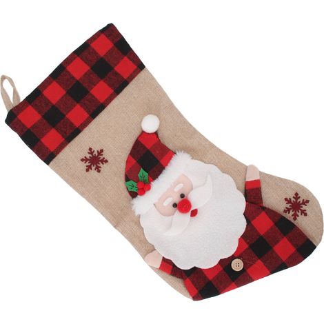 Chaussette de Noël en toile de jute à carreaux rouges, motif 3D, à suspendre, décoration pour la maison et les fêtes de fin d'année, Père Noël (1/5)