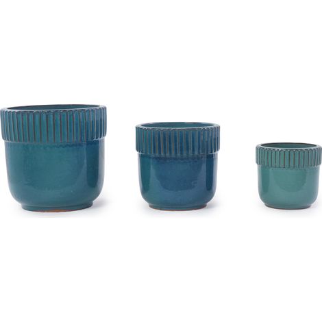 Pot de plante en céramique fait main Ø 38 cm, bleu turquoise brillant avec stries verticales, avec trous de drainage, résistant au gel (1/5)