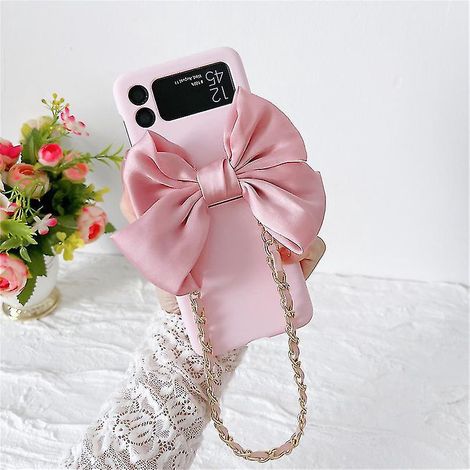 Étui compatible avec Samsung Galaxy Z Flip 3 5G, coque de protection rigide antichoc en polycarbonate avec dragonne, motif nœud papillon, rose