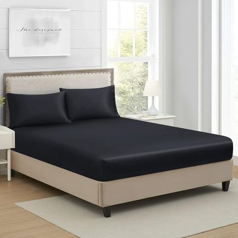 Drap Housse 140 X 200cm Satin Noir Bonnet Microfibre Motif Drap de lit Soie Drap-Housse 140 X 200cm Uni Lisse Respirant pour Matelas Épais (1/5)