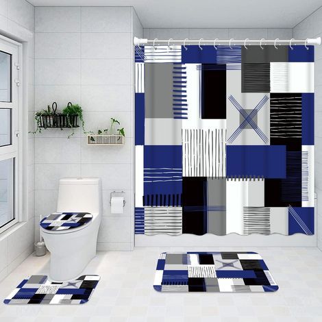 Shower curtain set, including a non-slip floor mat, a bath mat and a shower curtain, blue (1/5)