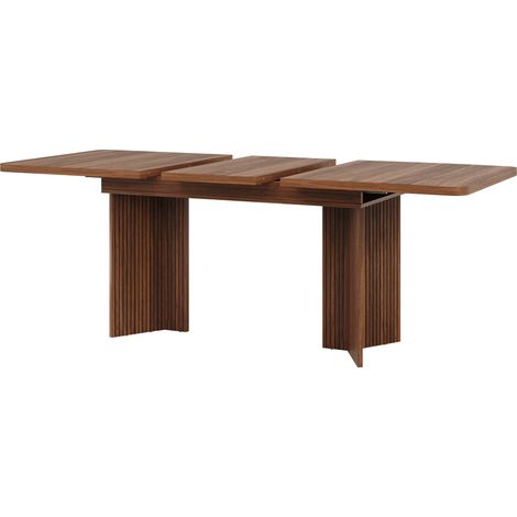 Mesa de comedor extensible 120–160 cm con patas acanaladas en V, MDF y metal, marrón (1/5)