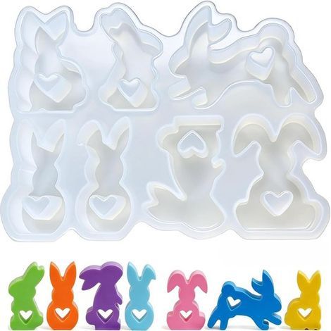 Moule en silicone Pâques - 19,8 x 15,3 cm - Lapin de Pâques 7 en 1 avec cœur - Moule de coulée pour résine époxy, bougies