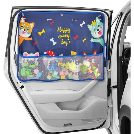 Pare-soleil de fenêtre de voiture pour bébé, 1 lot de pare-soleil de voiture pour bébé avec poche de rangement en filet et 7 ventouses, enfants, animaux domestiques (bleu) (1/4)