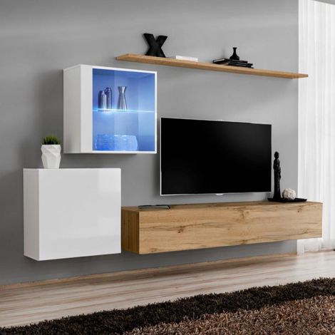 Meuble TV Mural Design "Switch XV" 260cm Naturel & Blanc (1/4)