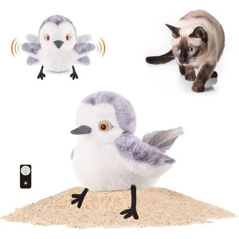 Jouet oiseau réaliste pour chat, Battant et gazouillant, Recharge USB, Herbe à chat + télécommande, Beige 11×8,5×8 cm (1/5)