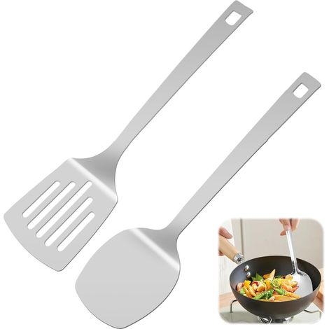 2 Pièces Spatule Cuisine Inox, Solide Spatules de Cuisine et Fente Poartiule, Spatule Metal Cuisine avec Trous de Suspension Poêles Antiadhésives pour Poisson, œufs, Crêpes
