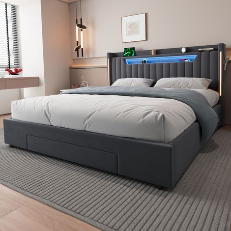 Cama con canapé 180 x 200 cm,Cama para adultos con iluminación LED y estación de carga,1 cajón,Somier de láminas incluido - Gris (1/5)