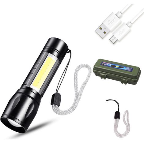 Lampe de poche Portable 10W, haute luminosité, Rechargeable par USB, noire, compacte et légère pour l'éclairage extérieur
