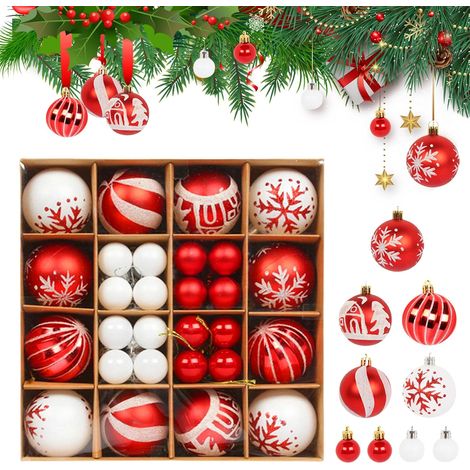 44-teiliges Weihnachtskugel-Set: Rote und weiße Weihnachtskugeln aus Kunststoff, Christbaumschmuck mit Aufhängehaken, bruchsicher, Weihnachtsschmuck aus Kunststoff (1/5)