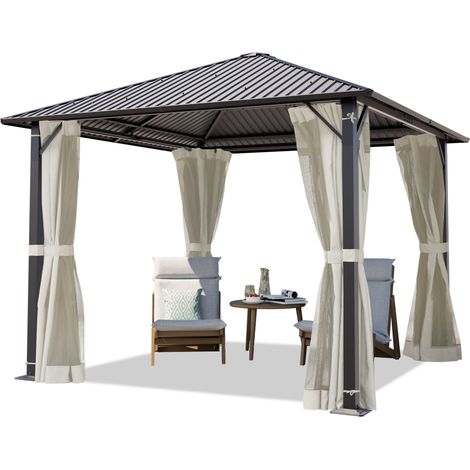 TOOLPORT Gartenpavillon 3x3 m mit Stahldach - Hardtop Pavillon mit 4 Seitenteilen und Moskitonetzen in Cream