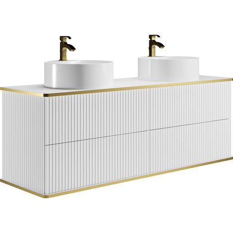 Mobile bagno sospeso scanalature profilo dorato doppio lavabo da appoggio tondo 4 cassetti 150 cm  Bianco - KELIZA