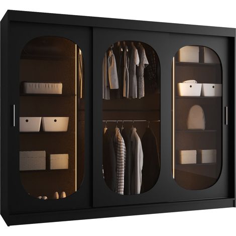 Armario Hartford 522, Negro, 200x250x62cm, Puertas de armario: Correderas, Número de estantes: 9, LED (1/4)