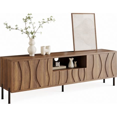 Meuble TV bas à trois portes, design ondulé moderne, rangement central et passe-câbles, MDF finition claire, pieds en métal, 160 x 35 x 46 cm - CHICFURN (1/5)