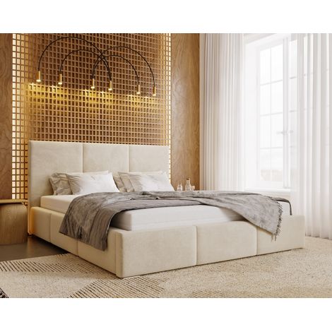 Emporius – Lit double 200x200 cm rembourré avec rangement – Tissu velours beige – Sommier à lattes inclus – Style moderne et élégant (1/5)