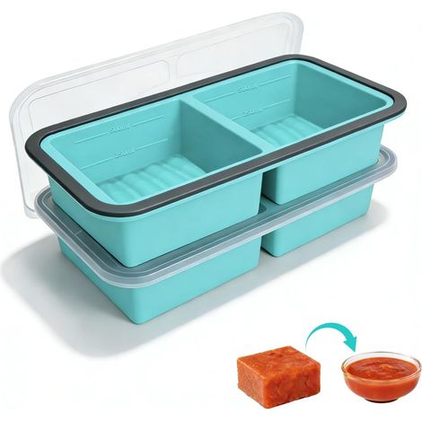 Lot de 2 Plateaux de Congélation en Silicone, Bac à glaçons avec Couvercle, moules à soupe, 500ml par Compartiment - Empilables, pour Soupe, Sauce et Préparation de Repas, Sauce 2 Cavités (1/5)