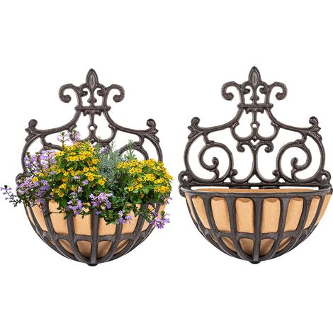 Lot de 2 paniers de fleurs muraux à suspendre avec doublure en tissu, style victorien antique en fonte, support mural pour intérieur, balustrade extérieure, clôture, balcon, pots de fleurs (1/5)