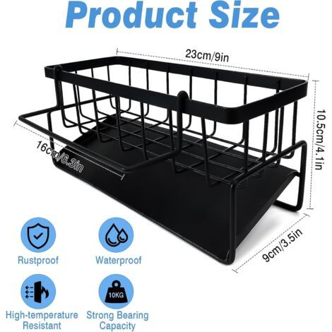Rangement et Organisation de Cuisine, Organisateur d'évier en acier au carbone avec bac d'écoulement Automatique pour Porte Eponge, Porte Serviettes, Super Accessoires pour Salle-Noir. (1/4)