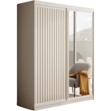 Armoire coulissante BIZEN avec lames décor bois et miroir – Moderne et chaleureux 180 cm-Blanc/Beige-Largeur 180 cm (1/5)