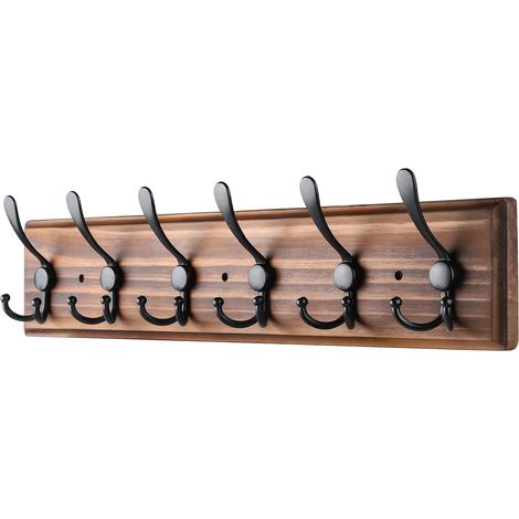 Wandgarderobe, robuste Holzgarderobe zur Wandmontage, 6 dreifache Kleiderhaken zum Aufhängen von Mänteln, Jacken, Hüten und Kleidung (Braun, 6 Haken) (1/5)