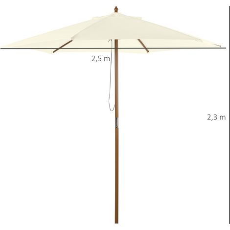 Ombrellone Outsunny Ø 250 cm, Ombrellone con meccanismo a corda, Ombrellone da balcone, Ombrellone da spiaggia, Bambù, Antivento, Ombrellone da mercato, Parasole per balcone, terrazzo, giardino, Bianc