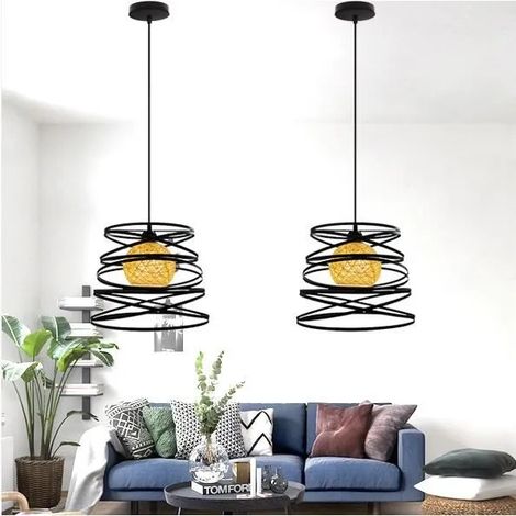 Lot de 2 Lustre Suspension Salon Industrielle en Cage Noir Lampe Luminaire Vintage Fer Forge pour Salon Chambre (1/4)