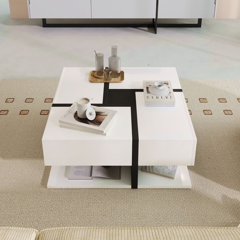 Couchtisch mit 4 Schiebeschubladen, Farbkombination, einzigartiges Liniendesign mit Stauraum darunter, 78x78x36cm, weiß