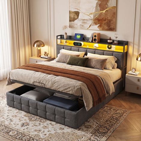 lit coffre 160x200,lit double capitonné 140x190 avec Rangement hydraulique,lit adult,avec tête de lit avec rangement,sommier à lattes,lumières LED pour Adultes et Adolescents,tissu en lin,gris (1/5)